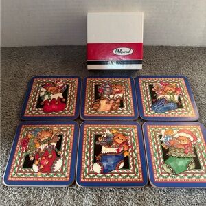 Pimpernel Christmas Bears Coasters Set of 6 4.25” Square Original Box Vintage